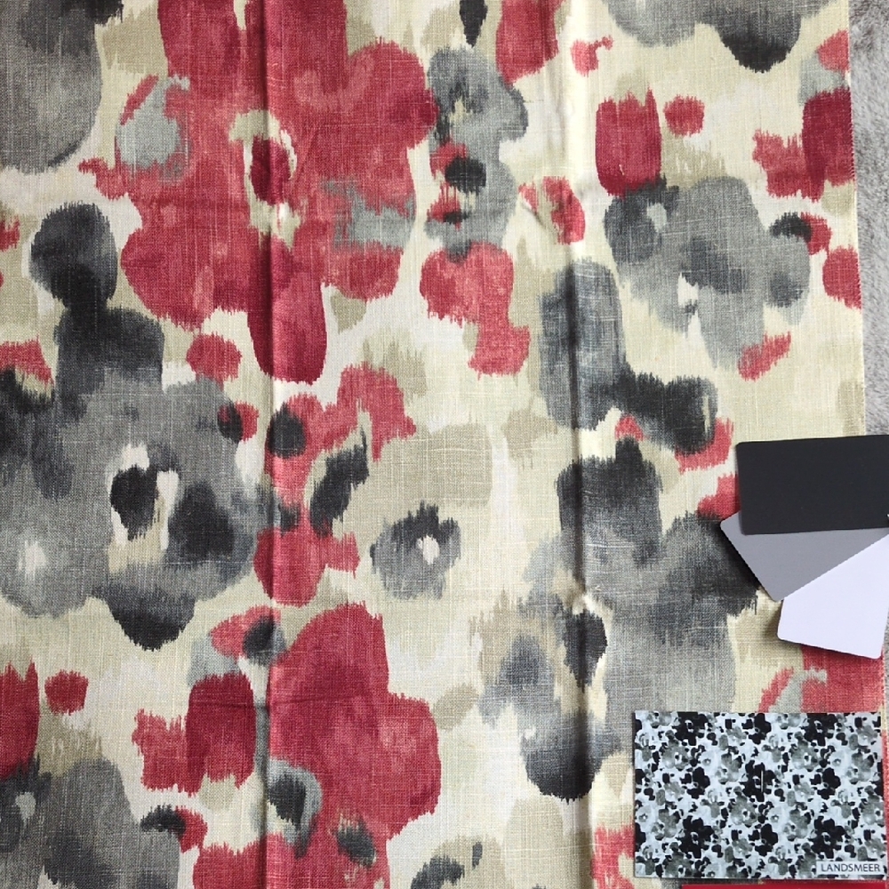 Abstract Floral Linen Blend Fabric in Red and Grey